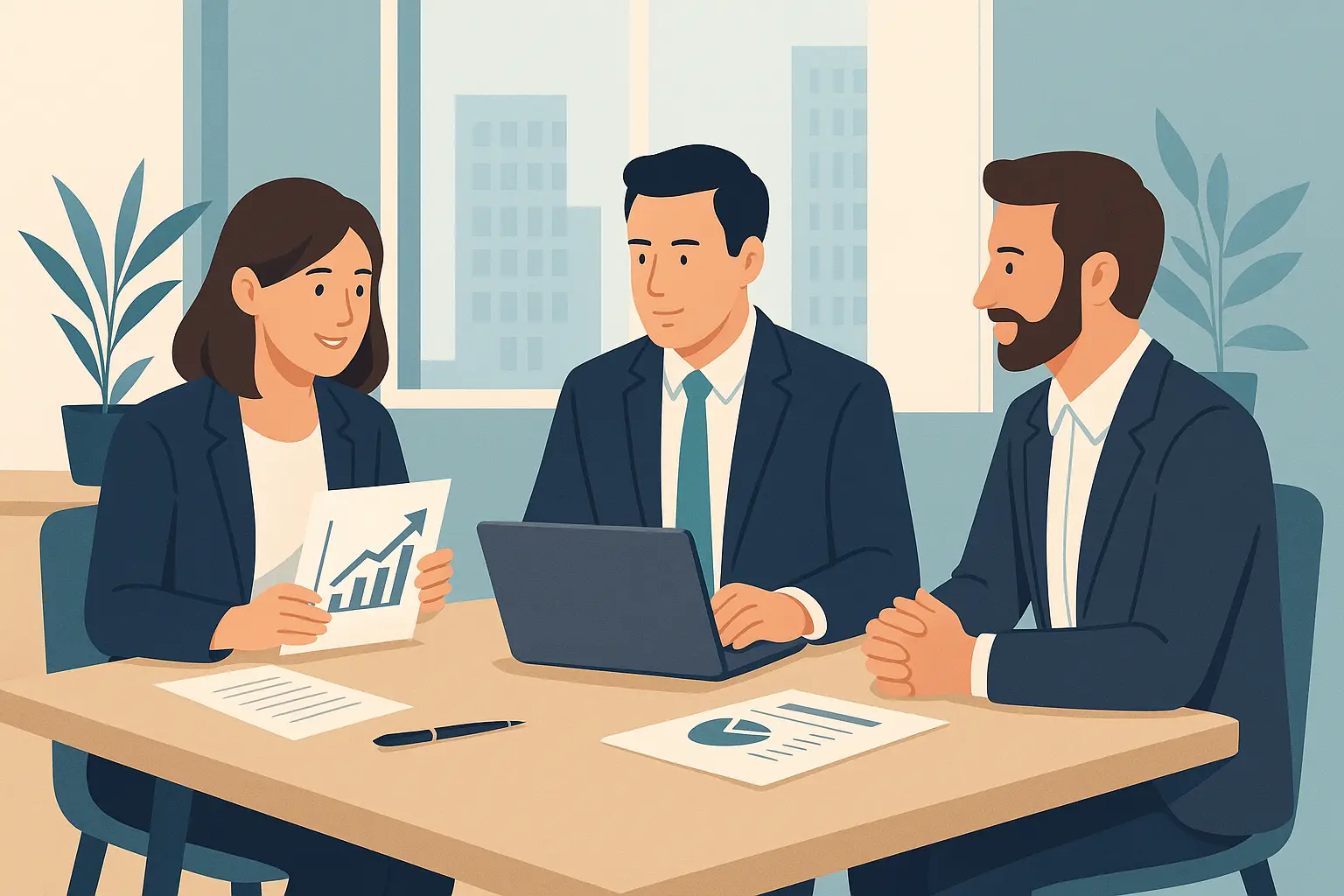 Three business professionals discussing strategy with documents and graphs in a modern office setting.