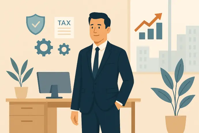 Confident business professional reviewing plans and strategy documents, representing comprehensive business support and empowerment.
