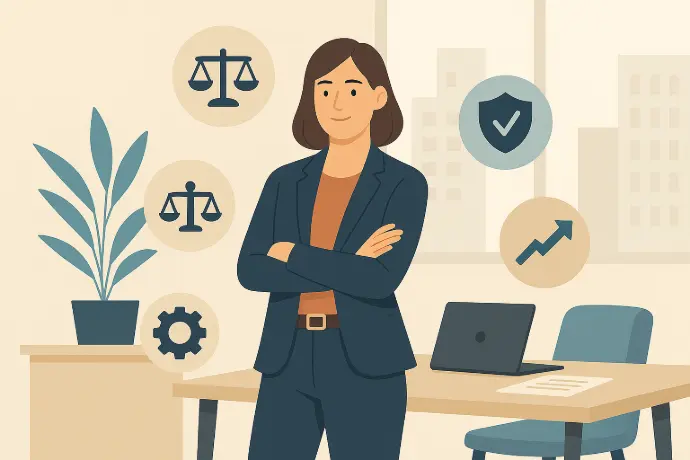 Business professional working at a desk with documents and a laptop, representing organized support and simplified business processes.